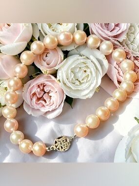 Peach Pink Pearl Strand Bracelet Sterling Silver Clasp Fu Good Fortune